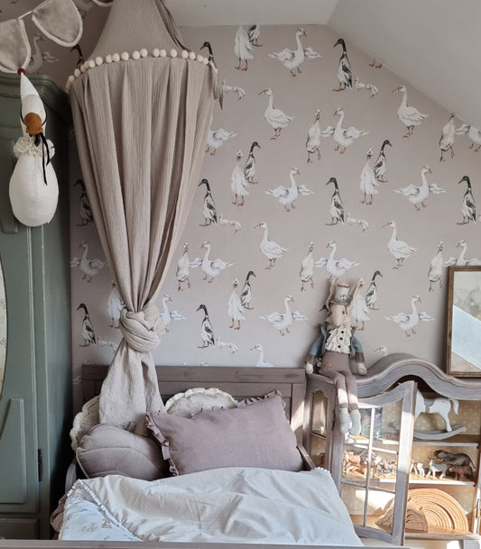 Elegant Sepia Muslin Canopy with Pom-Poms – Perfect for Kids' Rooms