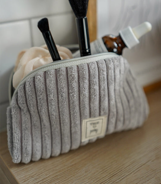 Blueberry Grey Corduroy Cosmetic Bag – Stylish, Waterproof, and Versatile