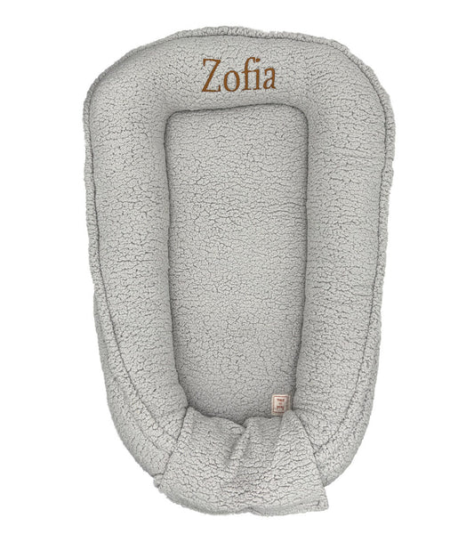 Teddy Personalized Baby Nest – Grey Plush Cocoon, Customizable with Baby's Name