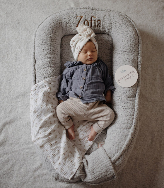 Teddy Personalized Baby Nest – Grey Plush Cocoon, Customizable with Baby's Name